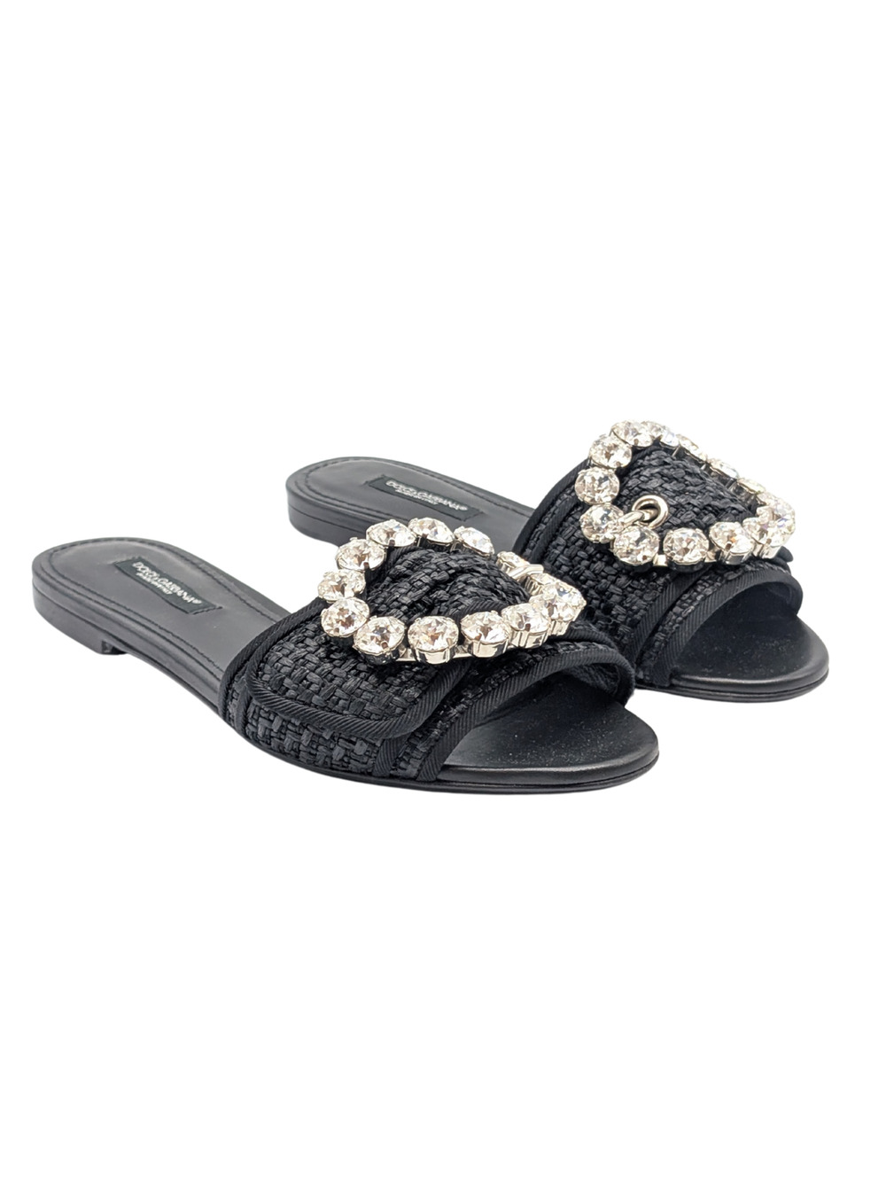 Dolce & Gabbana Crystal Jewel Buckle Black Raffia Slide Sandals Size 35.5